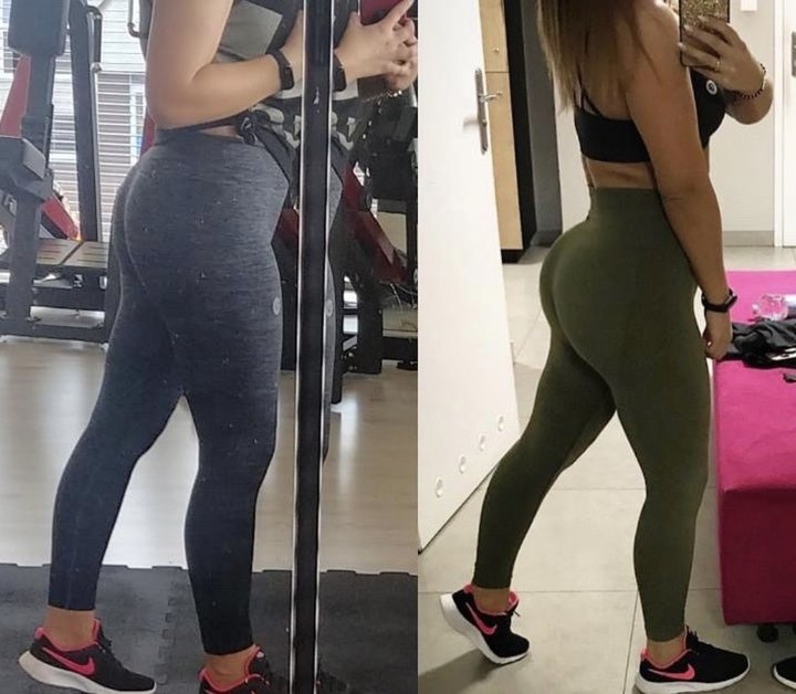 Corina's before and after, side view in leggings: before on the left, after on the right